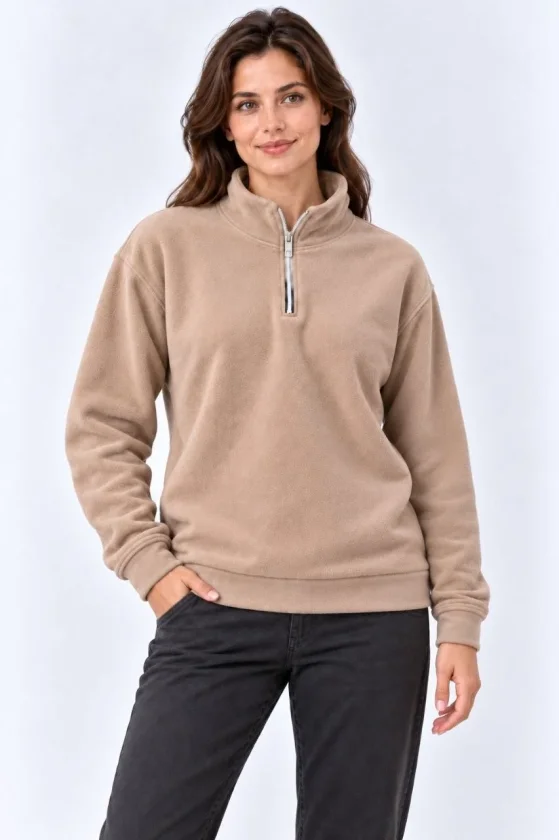 Polar Dik Yaka Yarım Fermuarlı Uzun Kollu Regular Fit Kışlık Sweatshirt - Bej