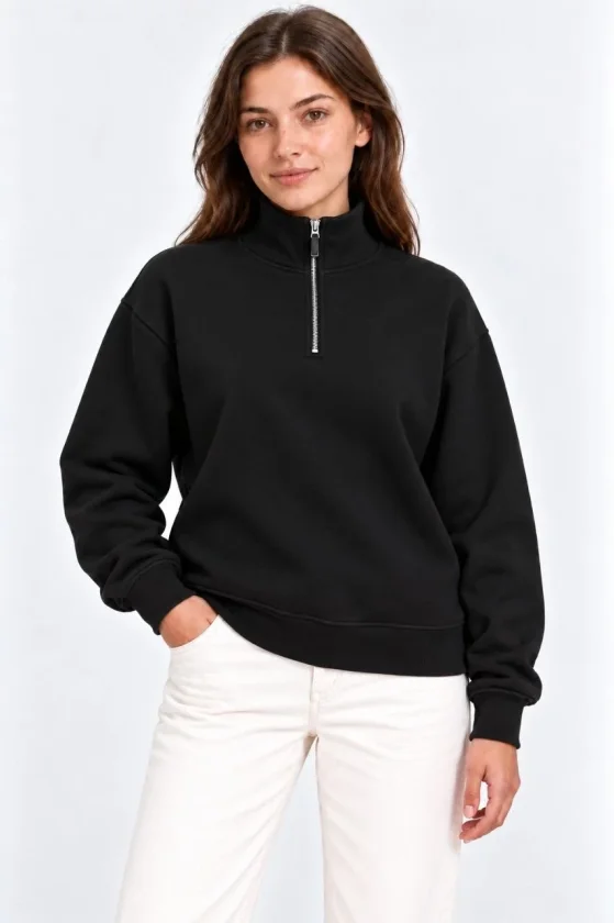 Üç İplik İçi Şardonlu Dik Yaka Yarım Fermuarlı Kışlık Sweatshirt - Siyah