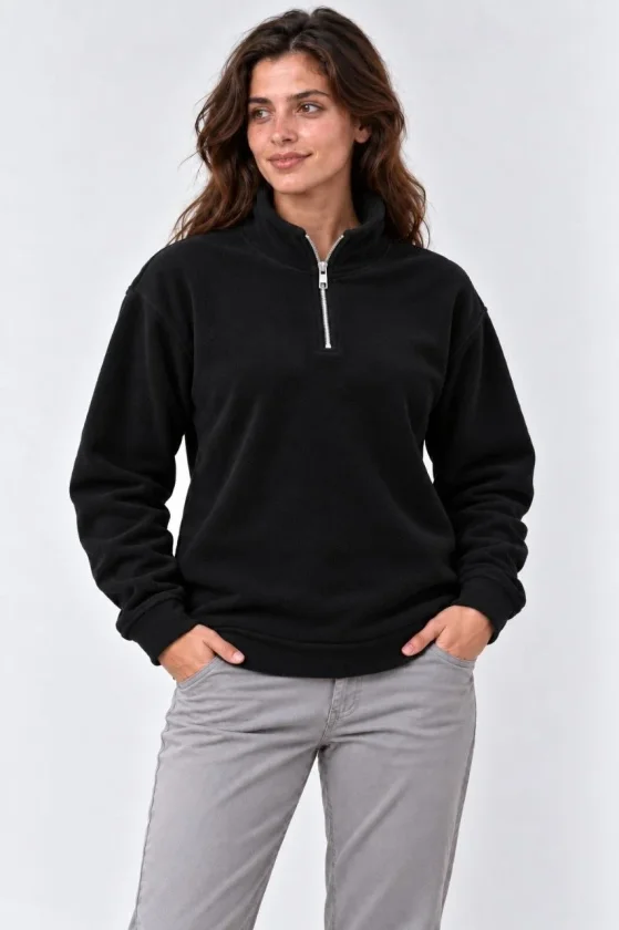 Polar Dik Yaka Yarım Fermuarlı Uzun Kollu Regular Fit Kışlık Sweatshirt - Siyah