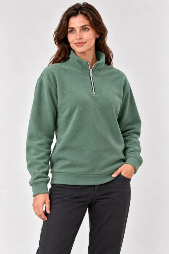 Polar Dik Yaka Yarım Fermuarlı Uzun Kollu Regular Fit Kışlık Sweatshirt - Mint Yeşili