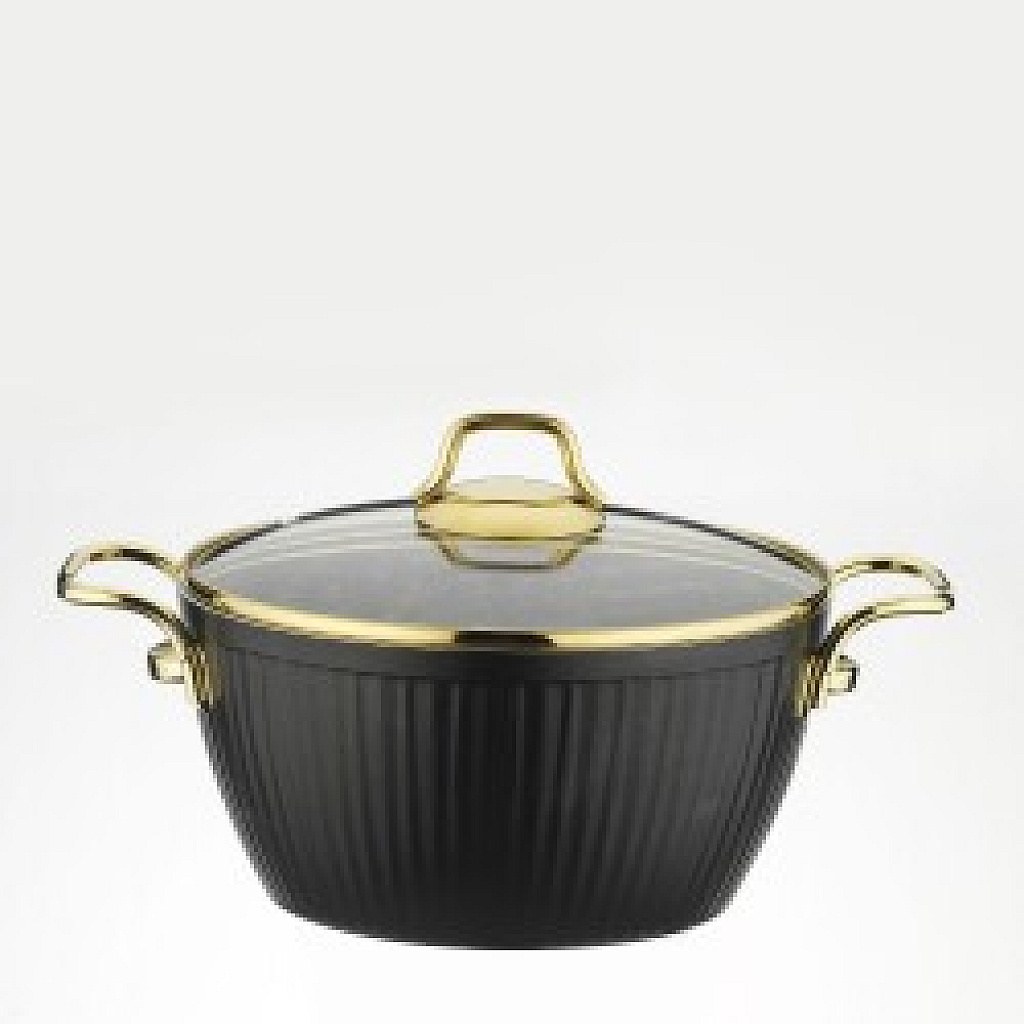 Lines 22 cm Deep Granite Casserole Pot, Gold Handles