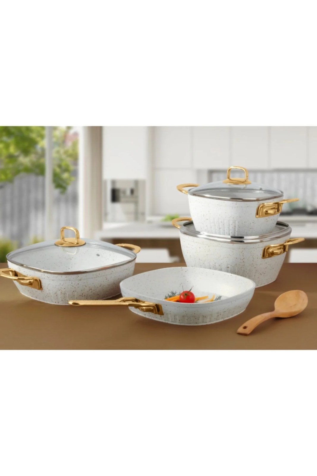 Lines Defne 7-Piece Square Granite Set, Gold Handle, Nor. Tab.