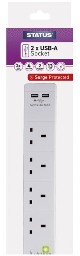 4 Soketli 2 Metre Kablolu 2 USB-A Girişli Beyaz Seyyar Priz