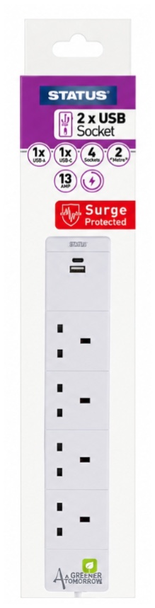 4 Soketli 2 Metre Kablolu 1 USB-A ve 1 USB-C Girişli Beyaz Seyyar Priz