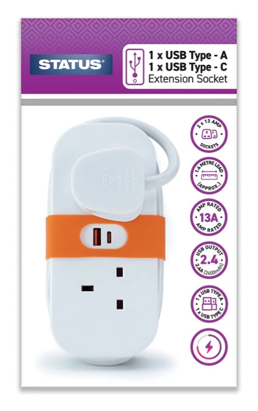 2 Soketli 1.4 Metre Kablolu 1 USB-A ve 1 USB-C Girişli Beyaz Seyahat Seyyar Priz