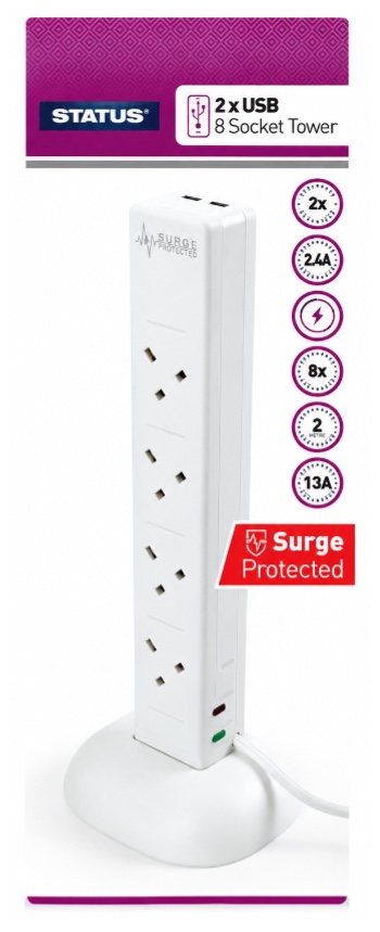 8 Soketli 2 Metre Kablolu 2 USB-A Girişli Akım Korumalı Beyaz Kule Dekoratif Seyyar Priz