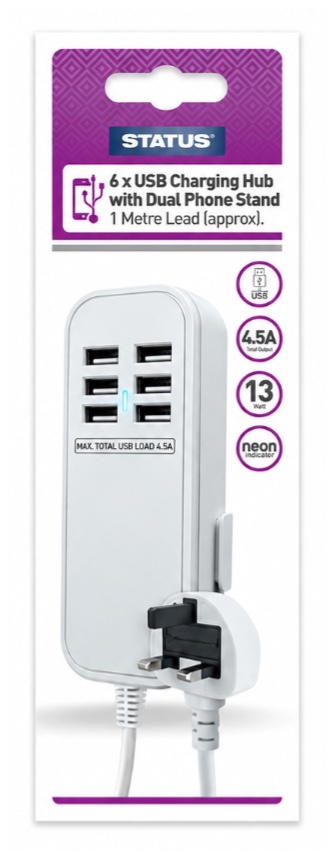 6 USB-A Girişli 1 Metre Kablolu Telefon Tutacaklı Beyaz Seyyar USB Çoğaltıcı