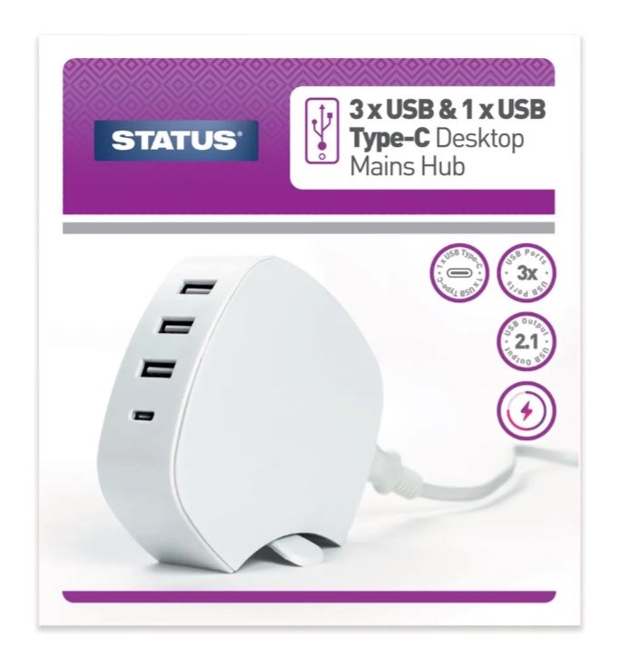 3 USB-A ve 1 USB-C Girişli 1 Metre Kablolu Beyaz Seyyar USB Çoğaltıcı