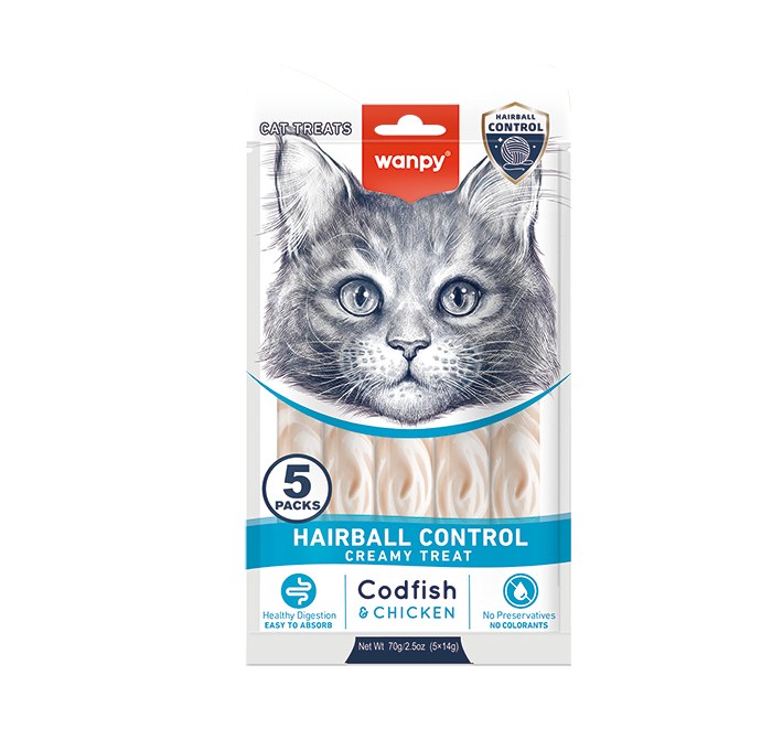 Wanpy Functional Creamy Lickable Cat Treat Codfish & Chicken Hairball Control 70 g
