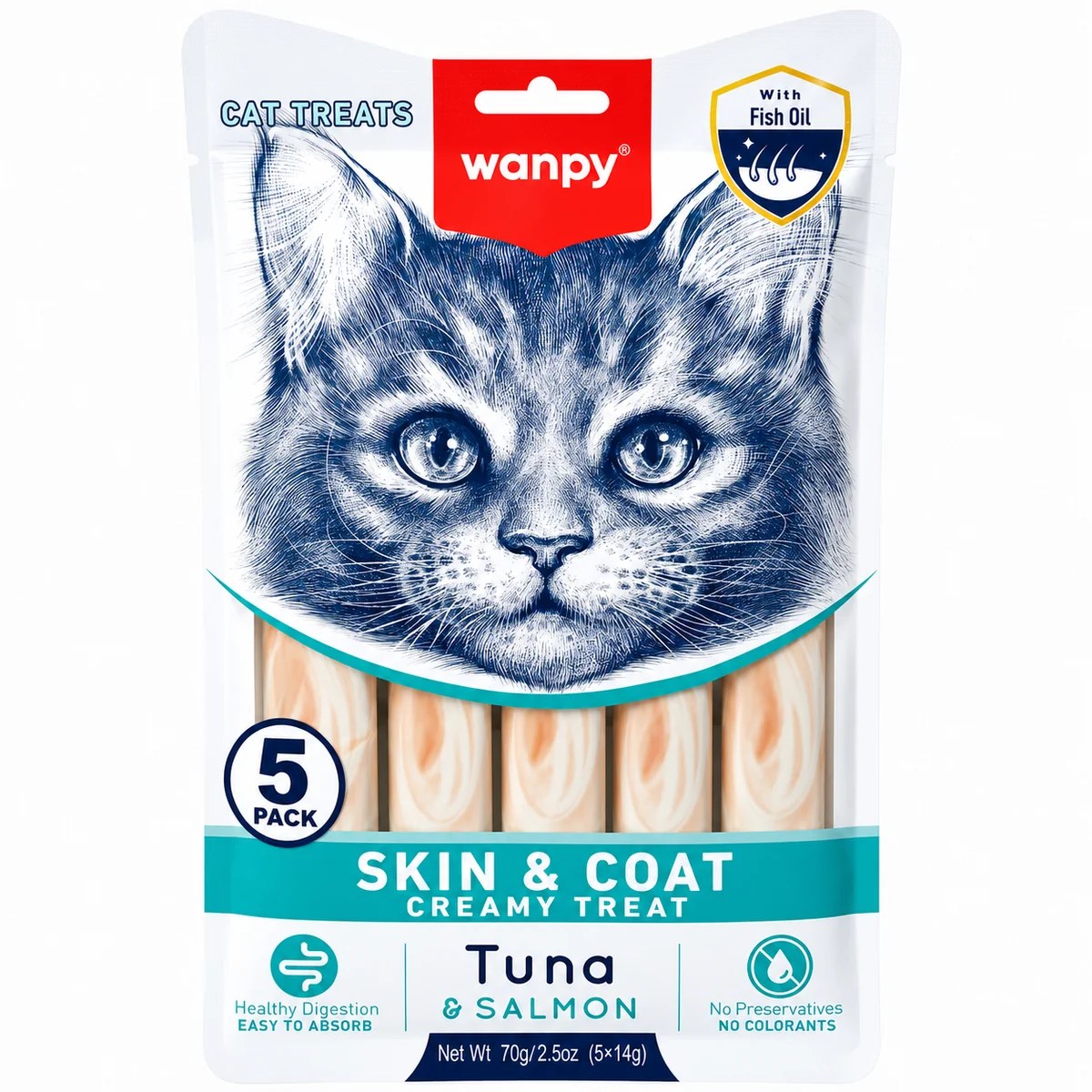 WANPY FUNCTIONAL CREAMY LICKABLE CAT TREAT TUNA & SALMON ( SKIN & COAT ) 70GR
