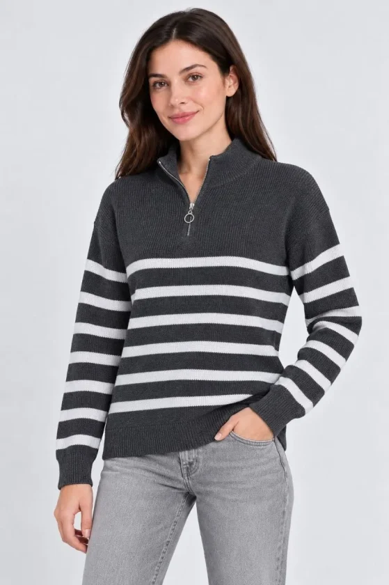 Girince 195279 Women's Striped Half-Zip Jumper - Charcoal
