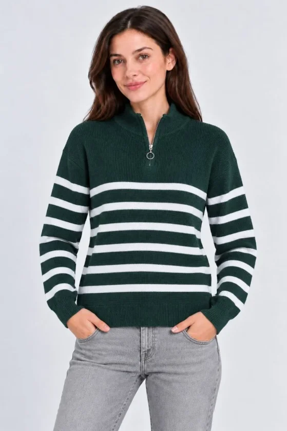 Girince 195277 Women's Jumper, Dark Green, Striped, Half-Zip