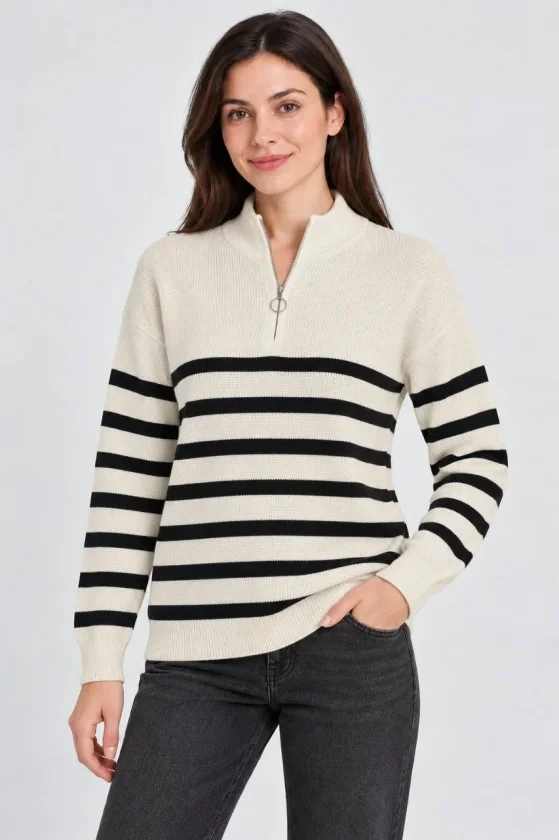 Girince 195276 Women's Striped Half-Zip Jumper - Cream
