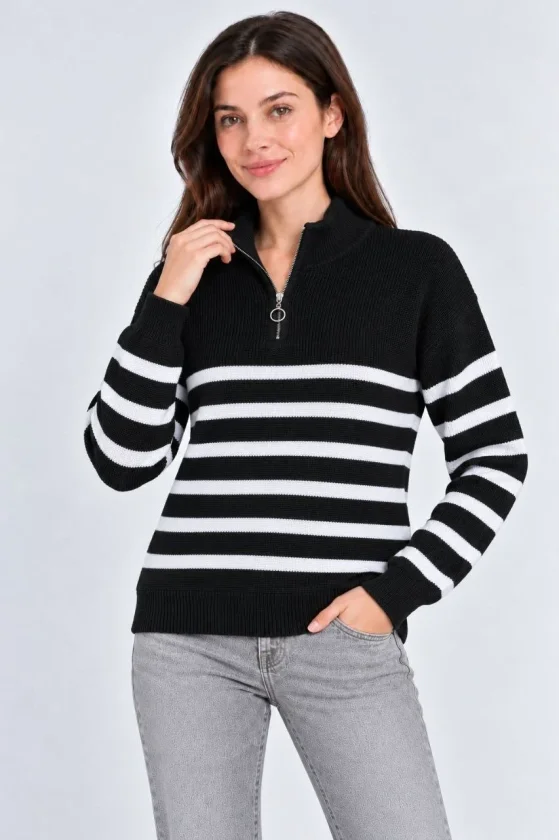 Girince 195275 Women's Black Striped Half-Zip Jumper