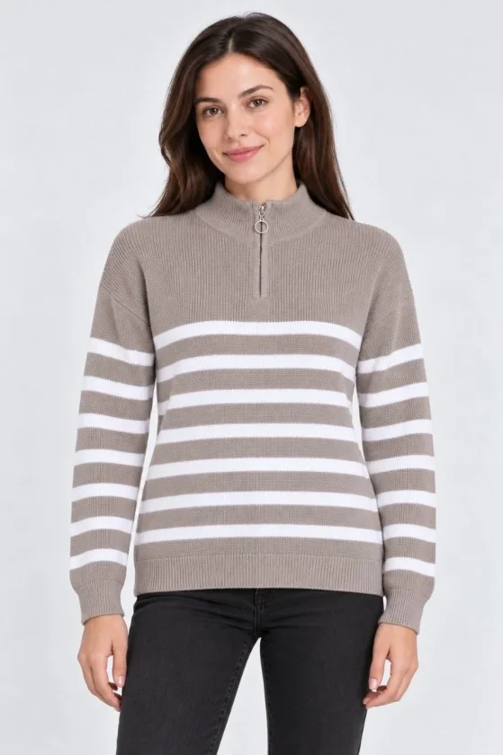 Girince 195273 Beige Striped Half-Zip Women's Jumper