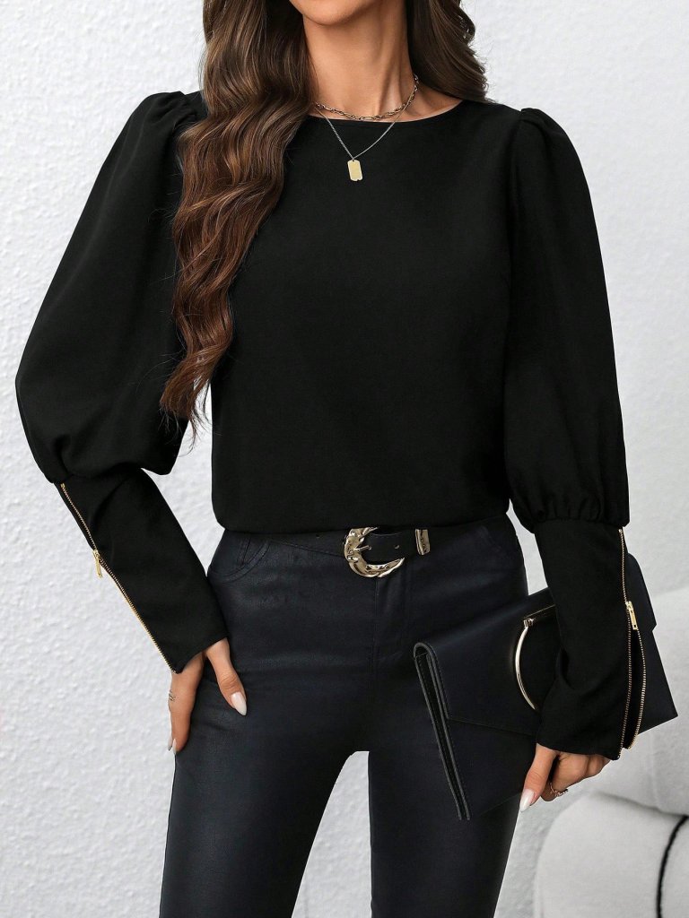 Girince 175318 Women's Long-Sleeve Crew-Neck Crepe Blouse
