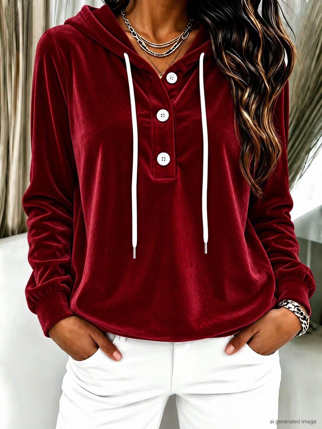 Girince 195311 Women's Long-Sleeve Hooded Button-Up Velvet Blouse