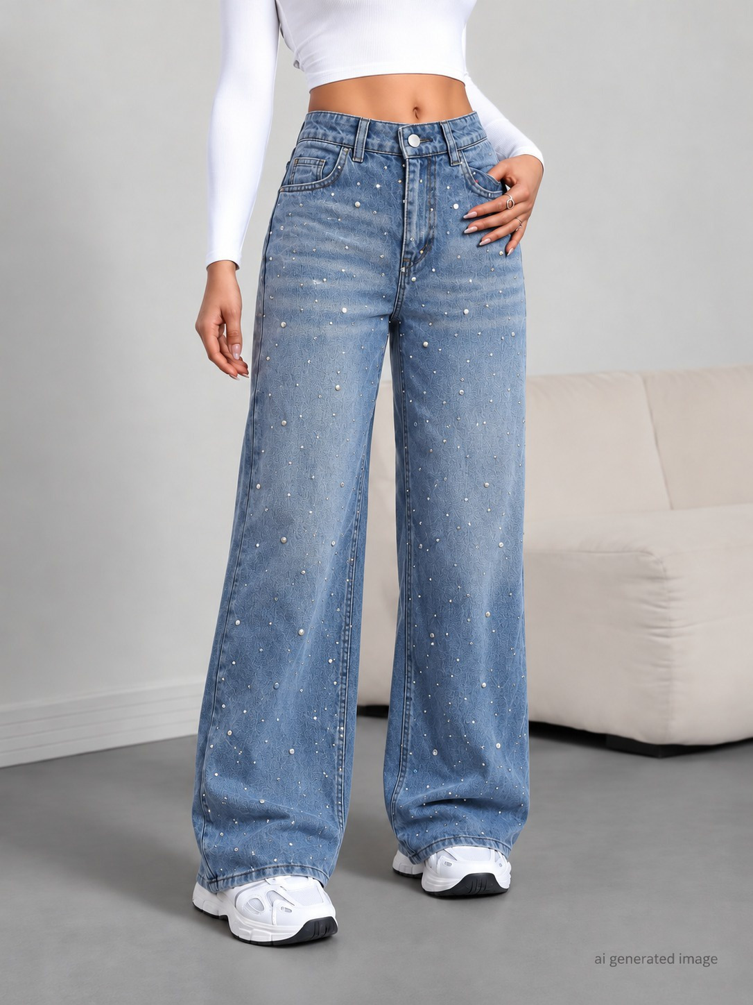 Girince 195299 Women's High-Waisted Embellished Wide-Leg Jeans