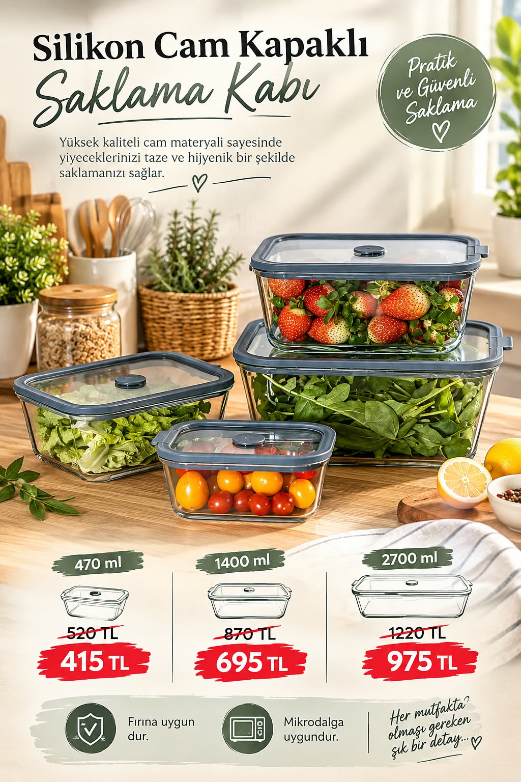 1400 ml Glass Food Storage Container with Silicone Lid