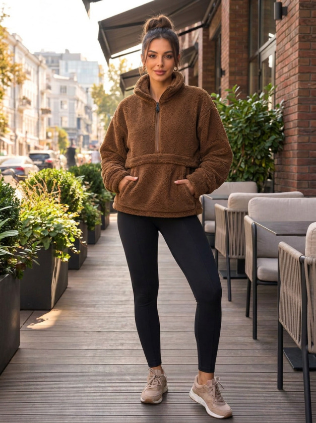 Kadın Yarım Fermuarlı Kanguru Cepli Peluş Wellsoft Sweatshirt