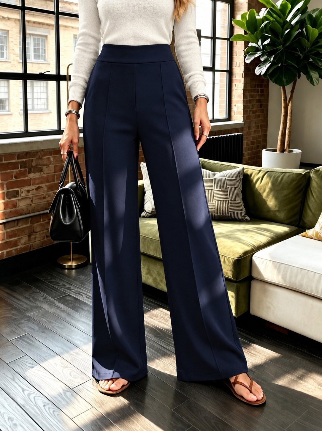 FashionWe 194458 High-Waisted Wide-Leg Women’s Crepe Trousers