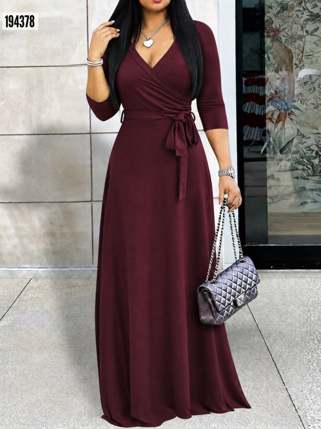 FashionWe 194378 Women's Long Wrap-Neck Dress