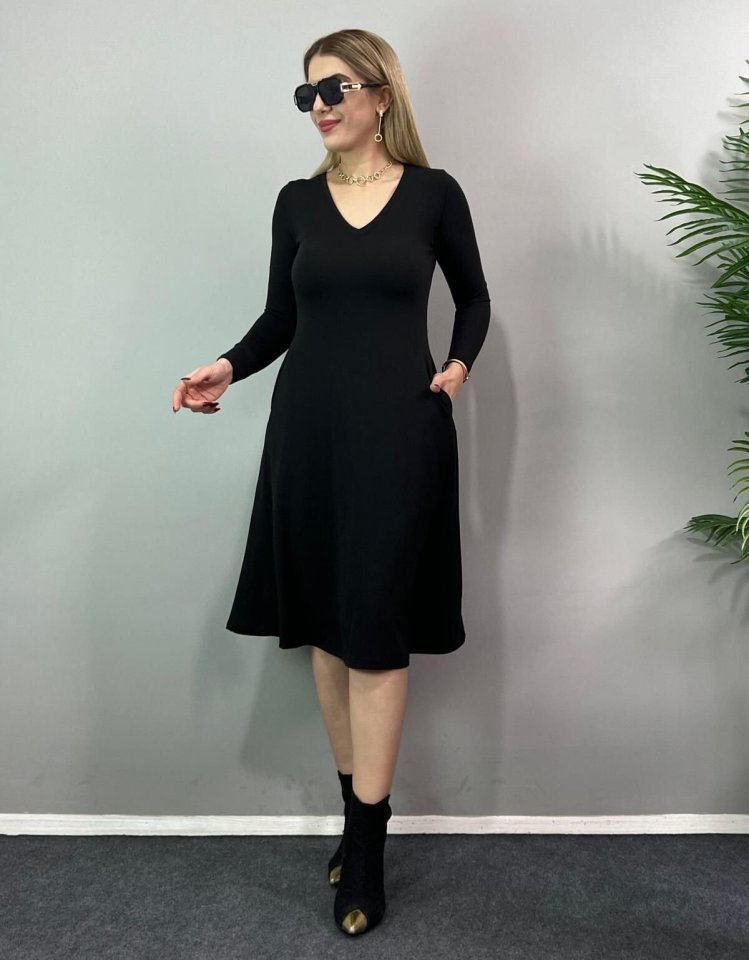 FashionWe 132960 Women's Long-Sleeve V-Neck Midi Dress