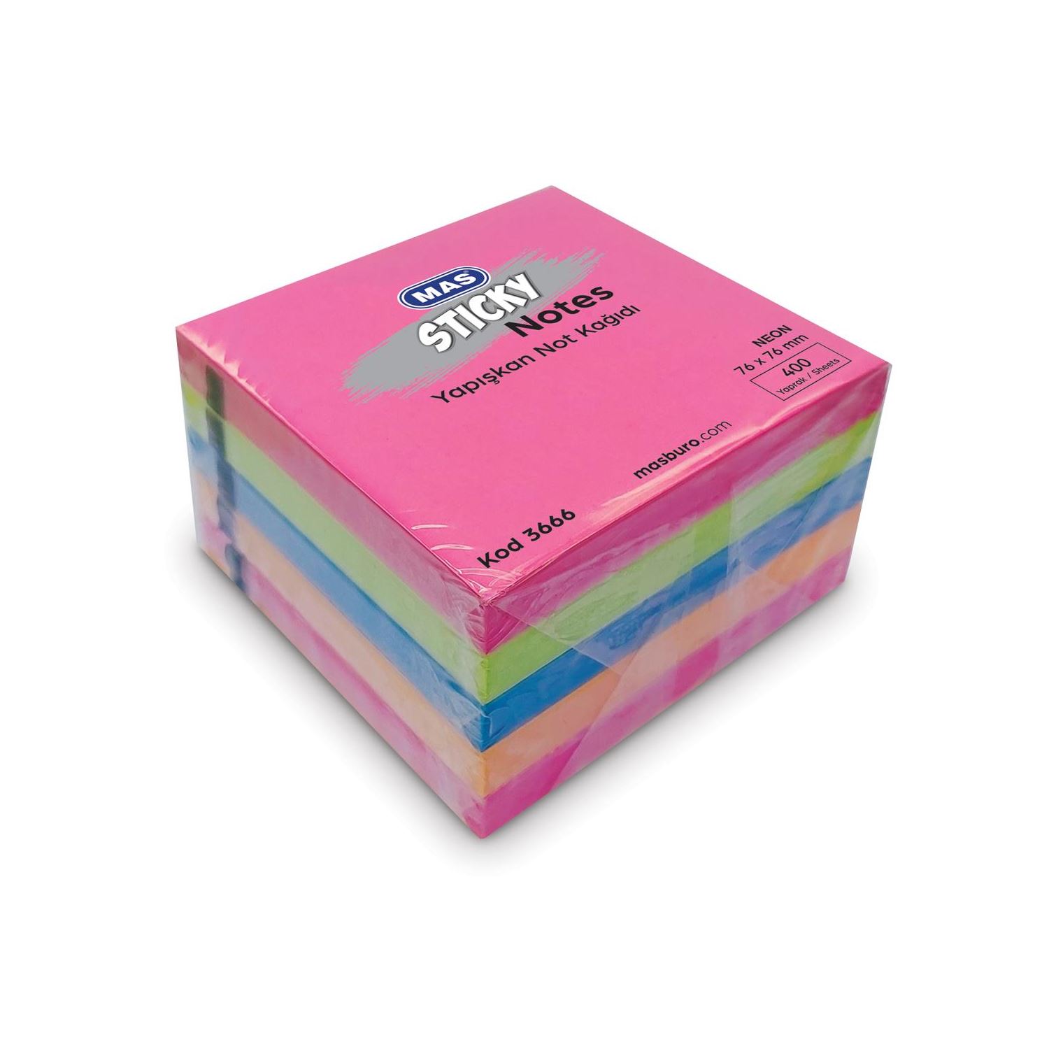 Mas 3666 Neon Sticky Notes, 400 Sheets, 76x76 mm