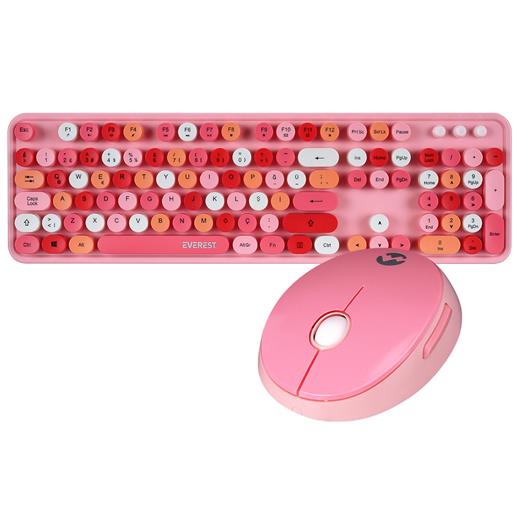 Everest ROUND KM-6282 Renkli Tuşlu Pembe Kablosuz Q Multimedia Klavye + Mouse Set