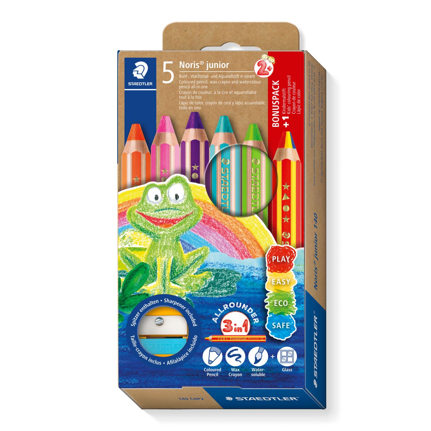 Staedtler Noris junior® 140 – 3’ü 1 Arada Çocuk Boya Kalemi 5+1 Gökkuşağı Kalemli Promosyon Paketi