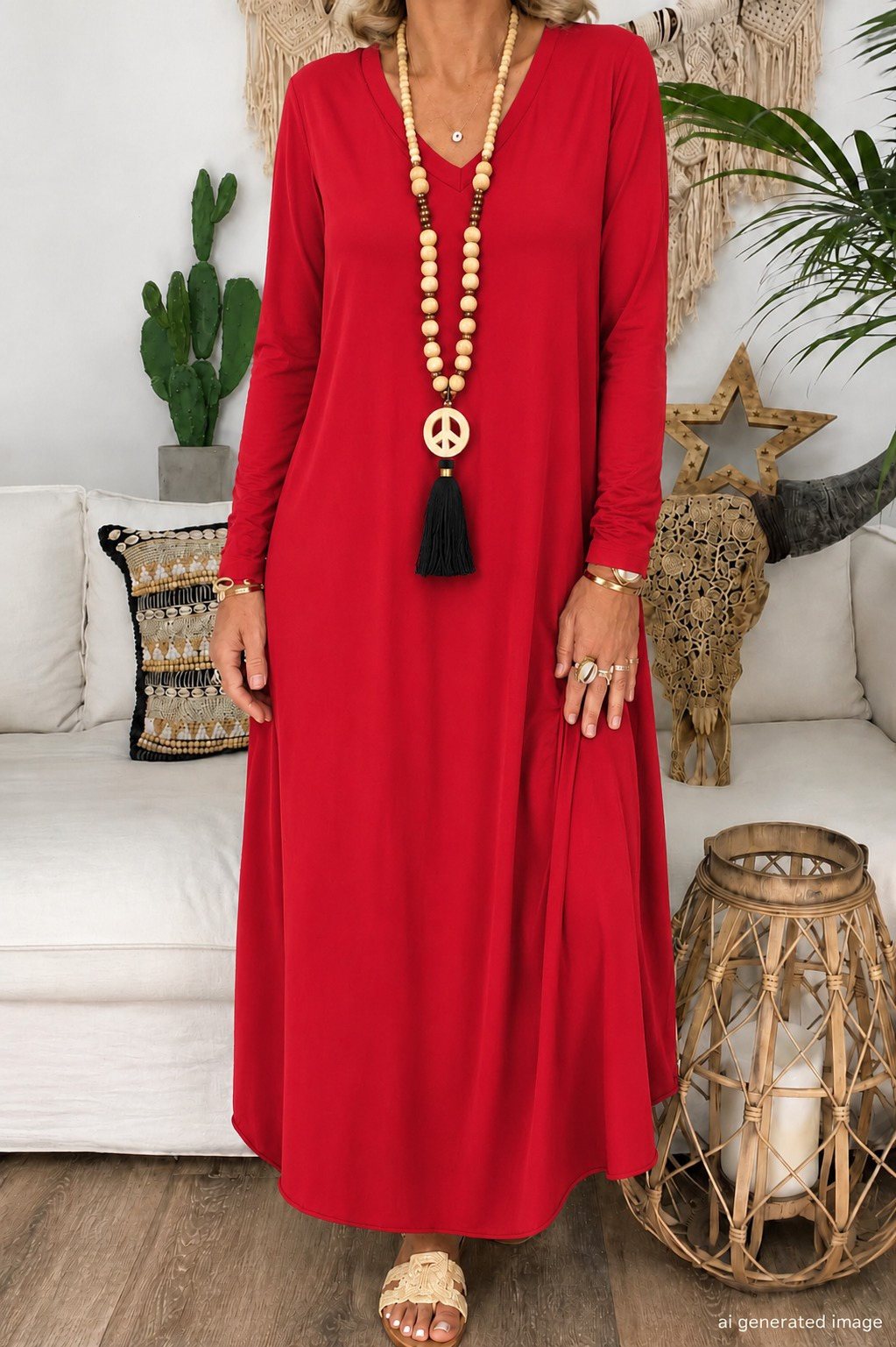 FashionWe 195480 Women's Long-Sleeve V-Neck Maxi Viscose Dress