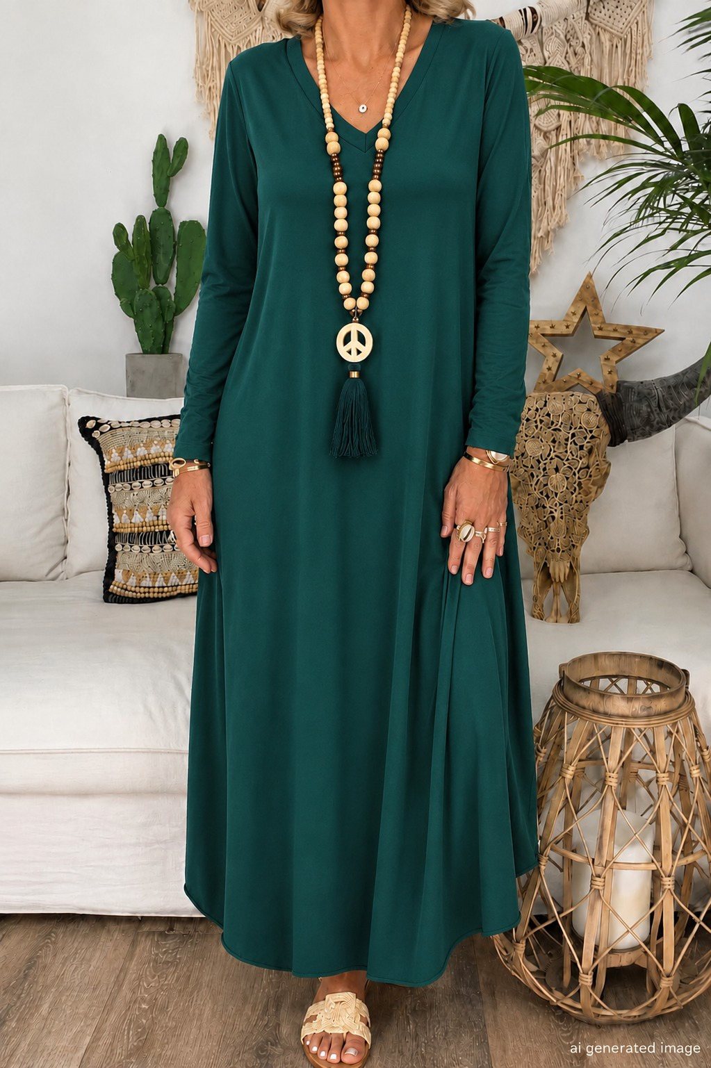FashionWe 195479 Women's Long-Sleeve V-Neck Maxi Viscose Dress