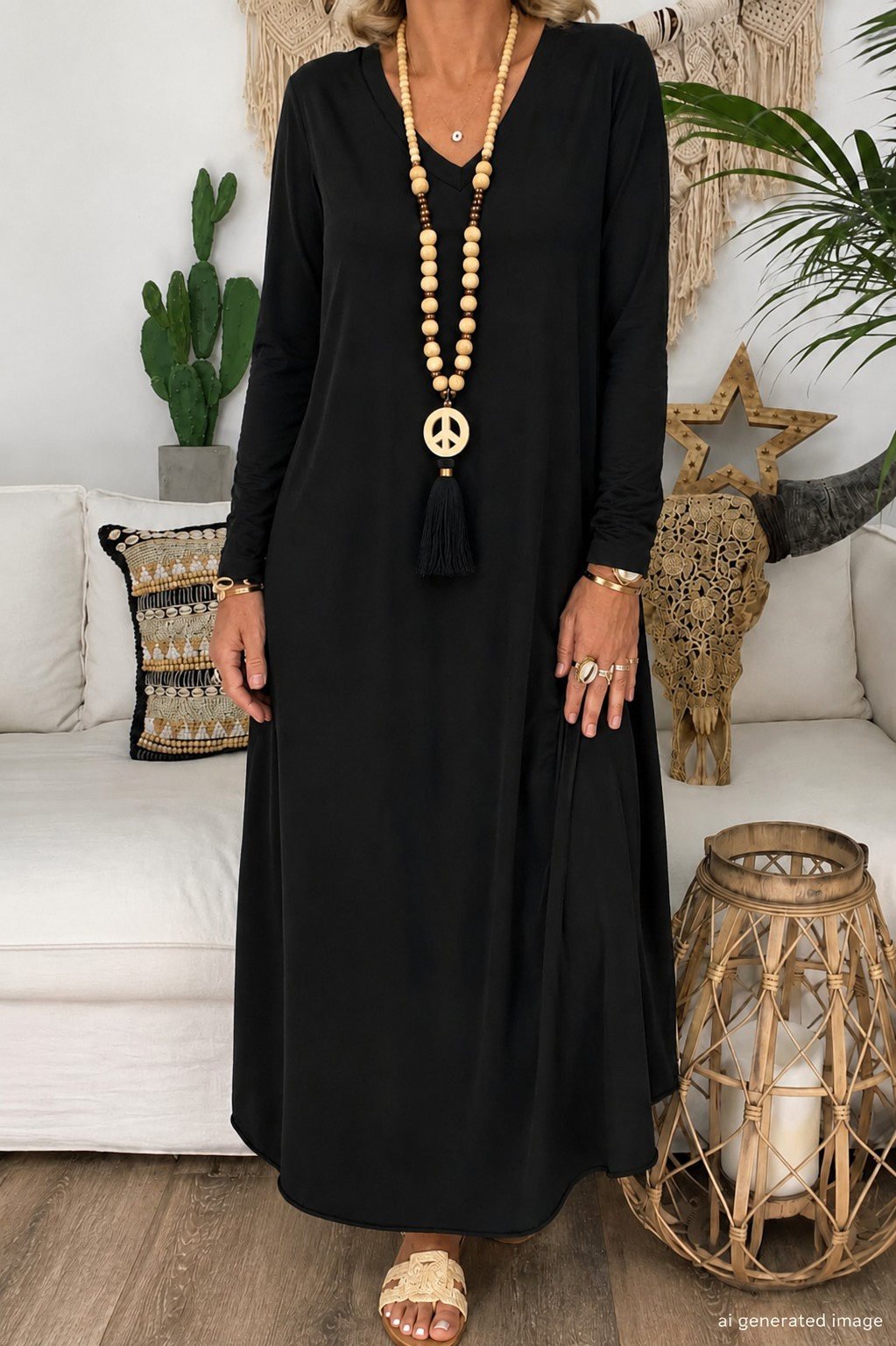 FashionWe 195478 Women's Long-Sleeve V-Neck Maxi Viscose Dress
