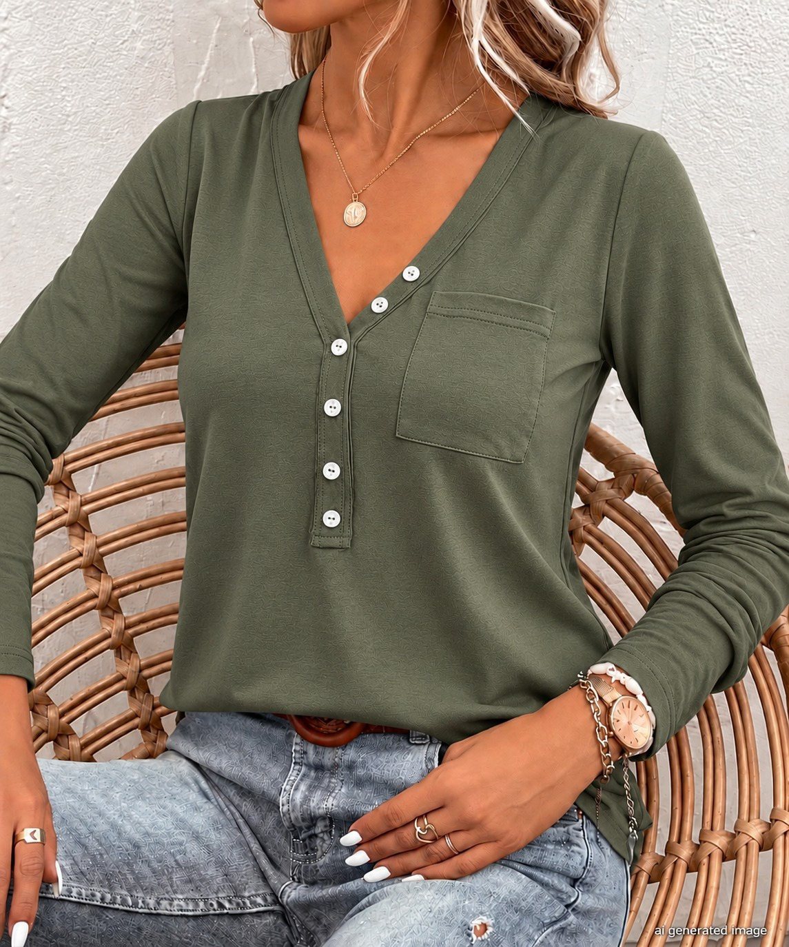 FashionWe 195446 Women's Long-Sleeve V-Neck Button-Front Viscose Blouse