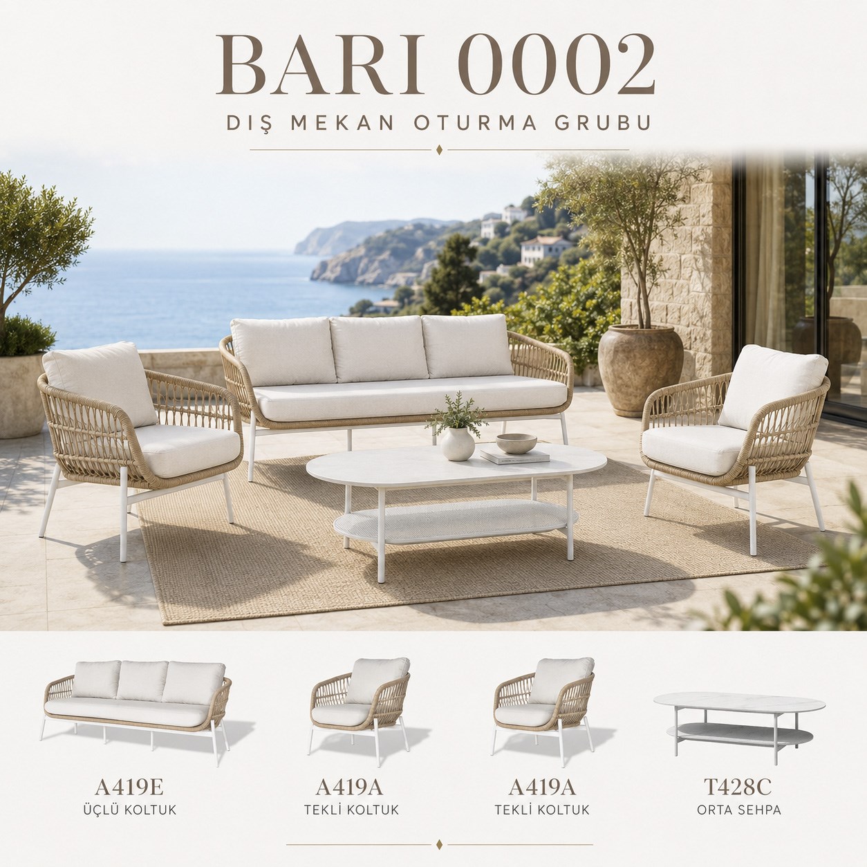 Bari Oturma Takımı: 3'lü+2 Tekli+Orta Sehpa, Krem/Beyaz Alüminyum