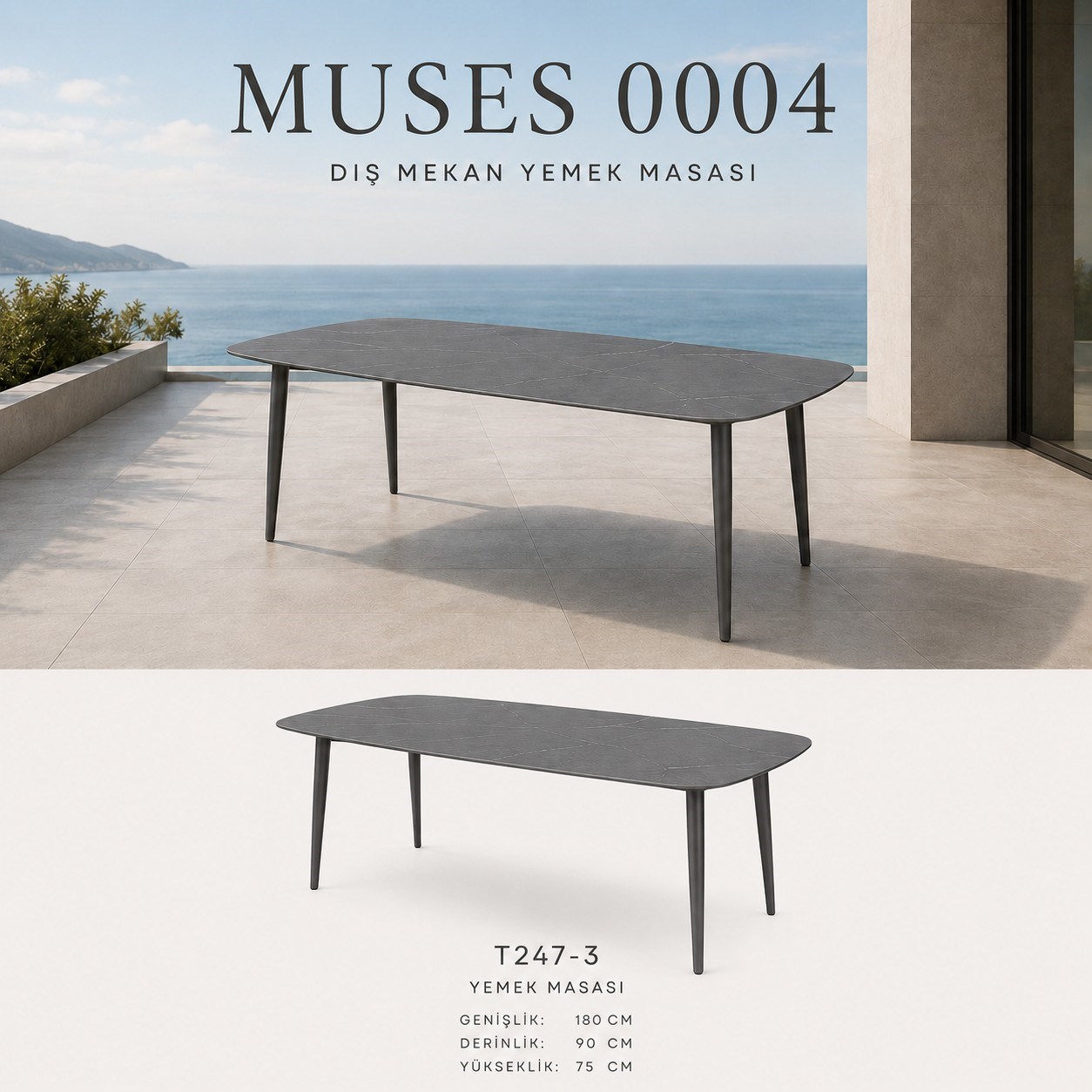 Max Muses — обеденный стол на 6 человек, 180 × 90 × 75 см, серый камень/антрацитовый алюминий