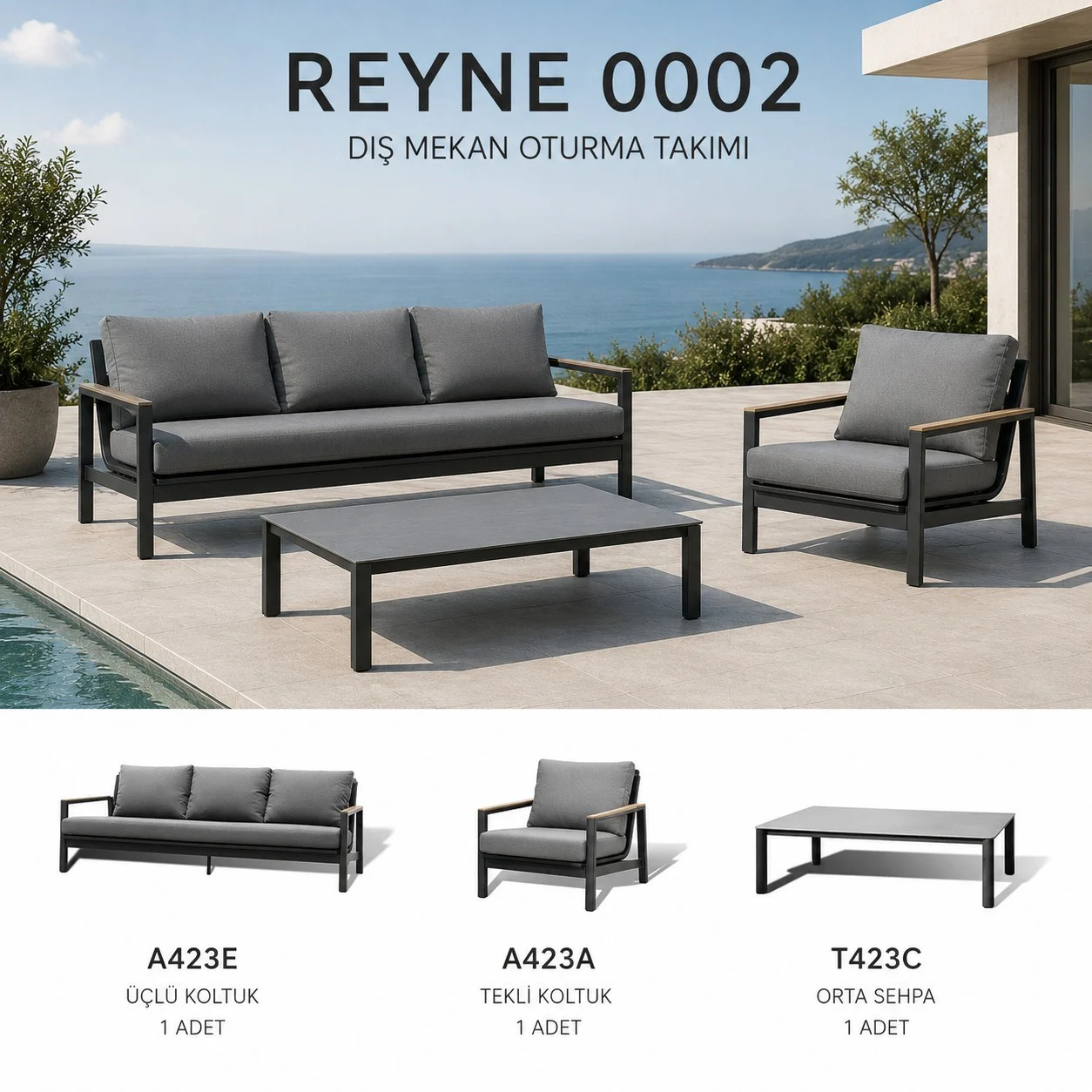 Max AR REYNE 0002 Reyne Outdoor Seating Set, Teak/Anthracite Aluminium
