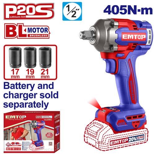 Emtop EM ECIWL20451 Cordless Impact Wrench 405 Nm 20 V (Tool Only)