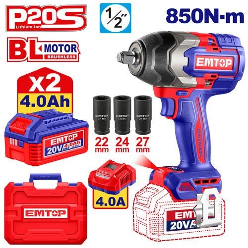 Emtop EM ECIWL2085 Cordless Impact Wrench 850 Nm, 20 V, 4 Ah