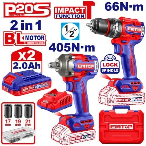 Emtop Akülü Matkap+Somun Sıkma 2'li Set 20V 2Ah (Akü+Sarjer)