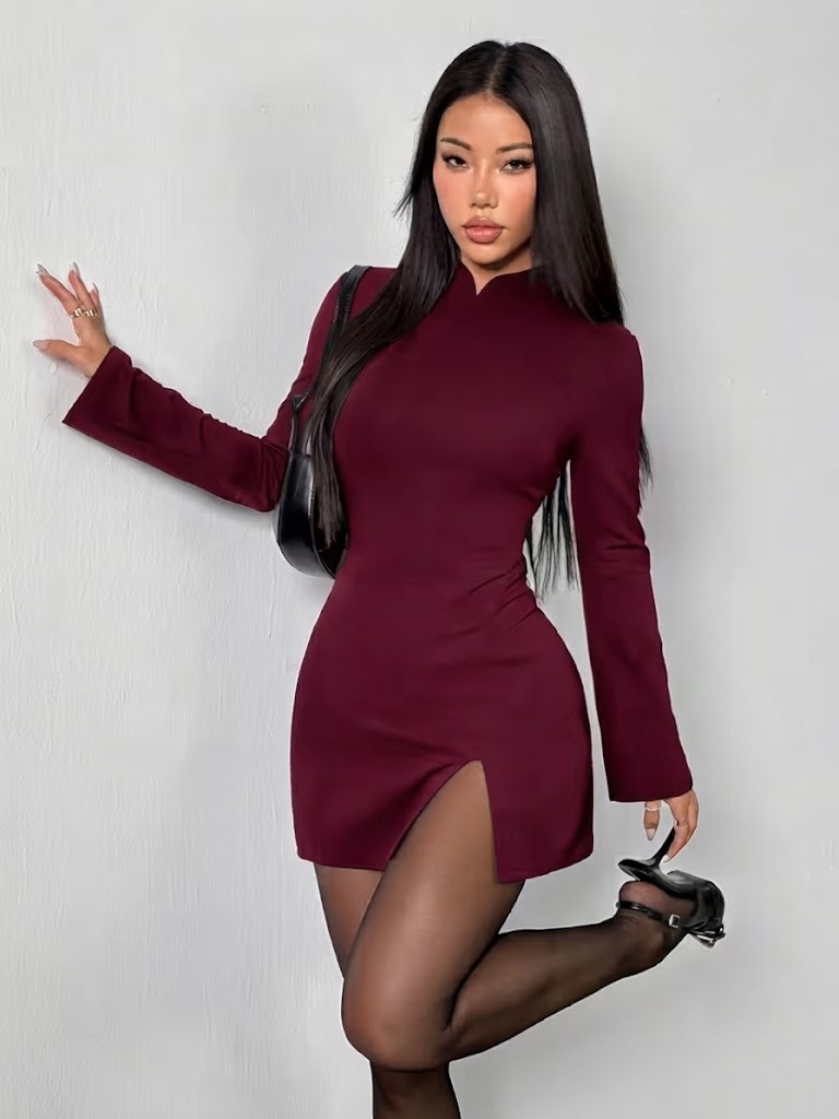 Girince 194986 Women's Long-Sleeve Mock-Neck Mini Dress with Slit