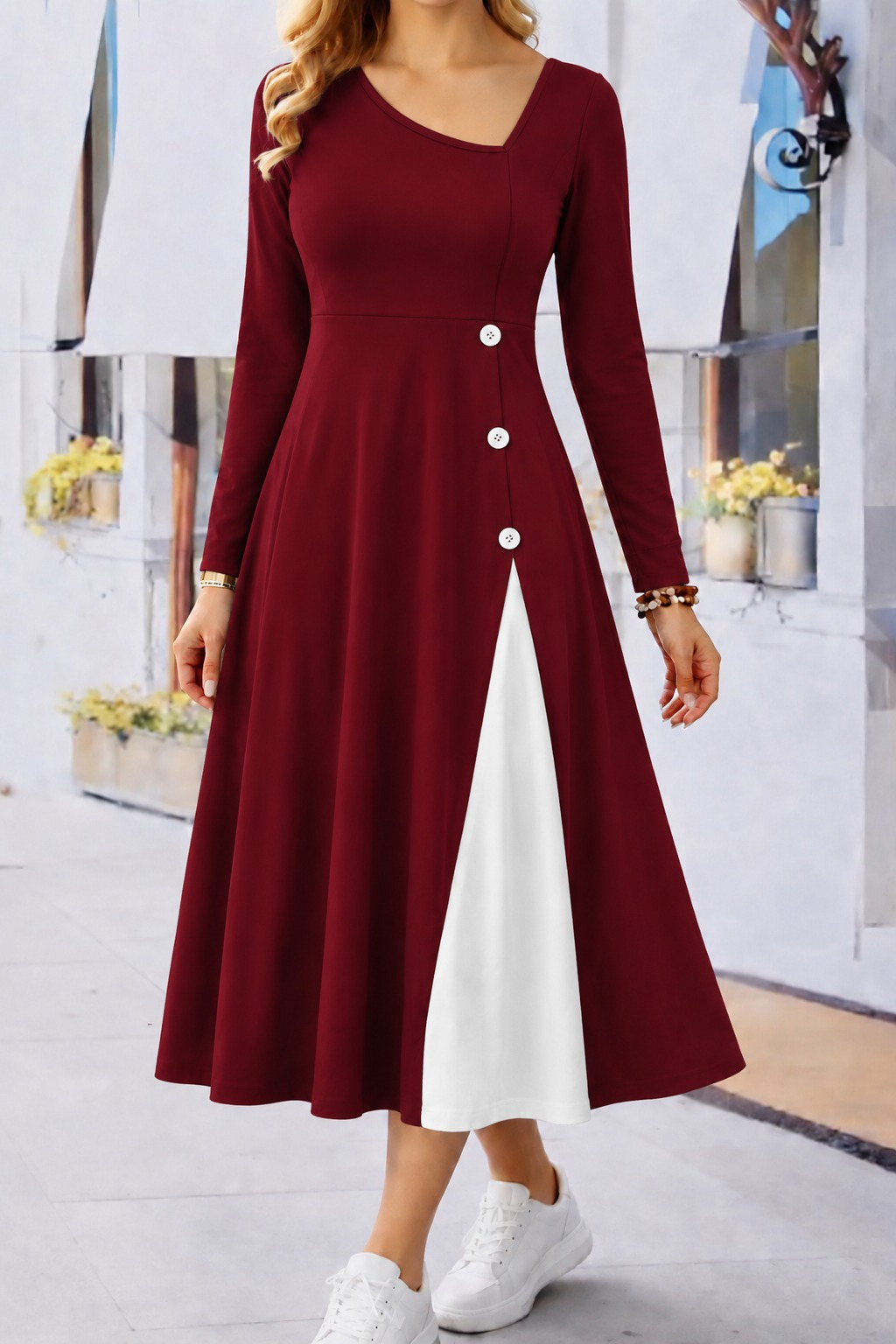Girince 194973 Women's Long-Sleeve Viscose Midi Dress