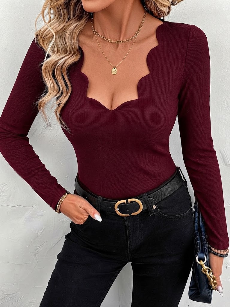 Girince 194944 Women's Long-Sleeve Wavy-Neck Blouse