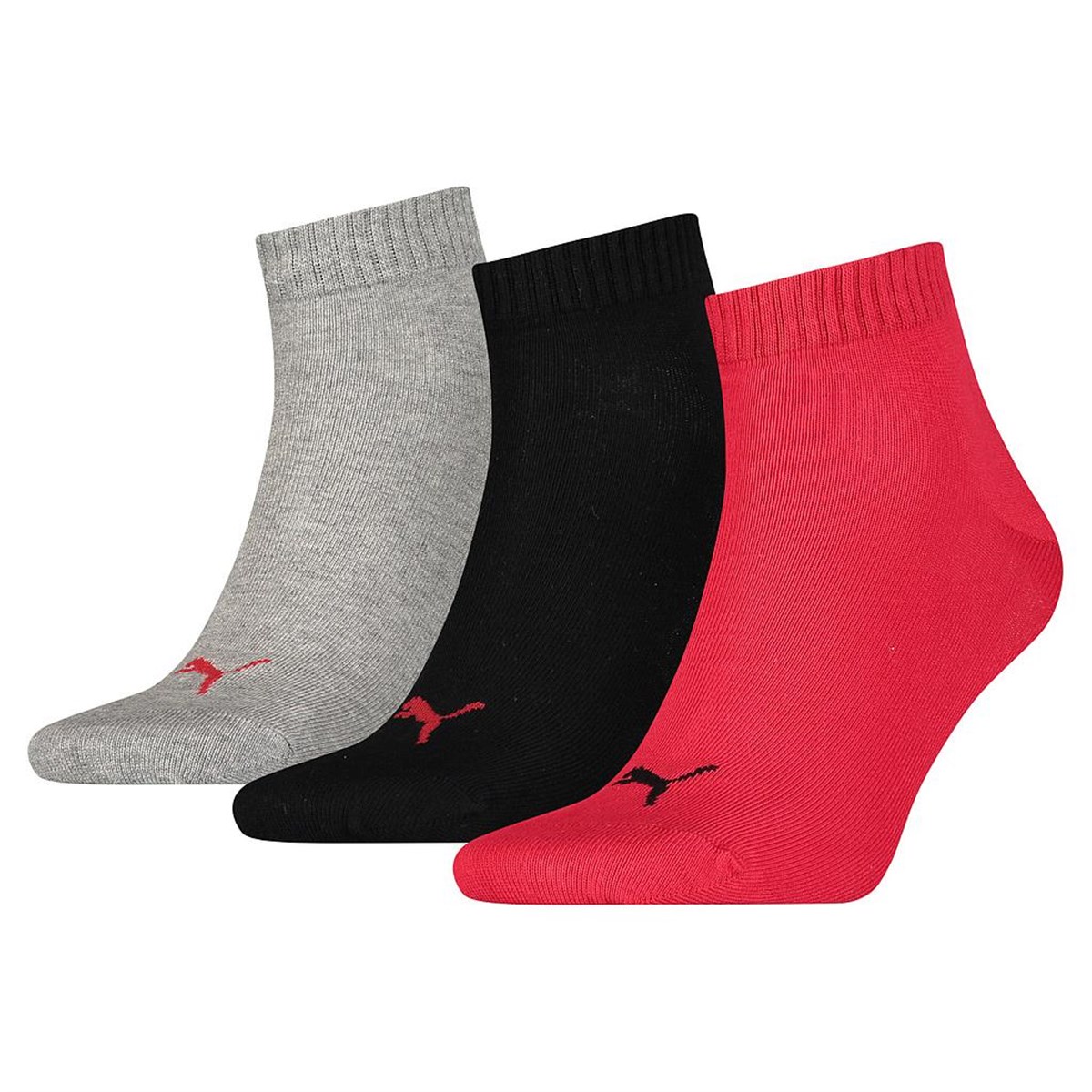 Puma RD41 Quarter Training Sports Socks, Black/Red/Grey, 3 Pairs