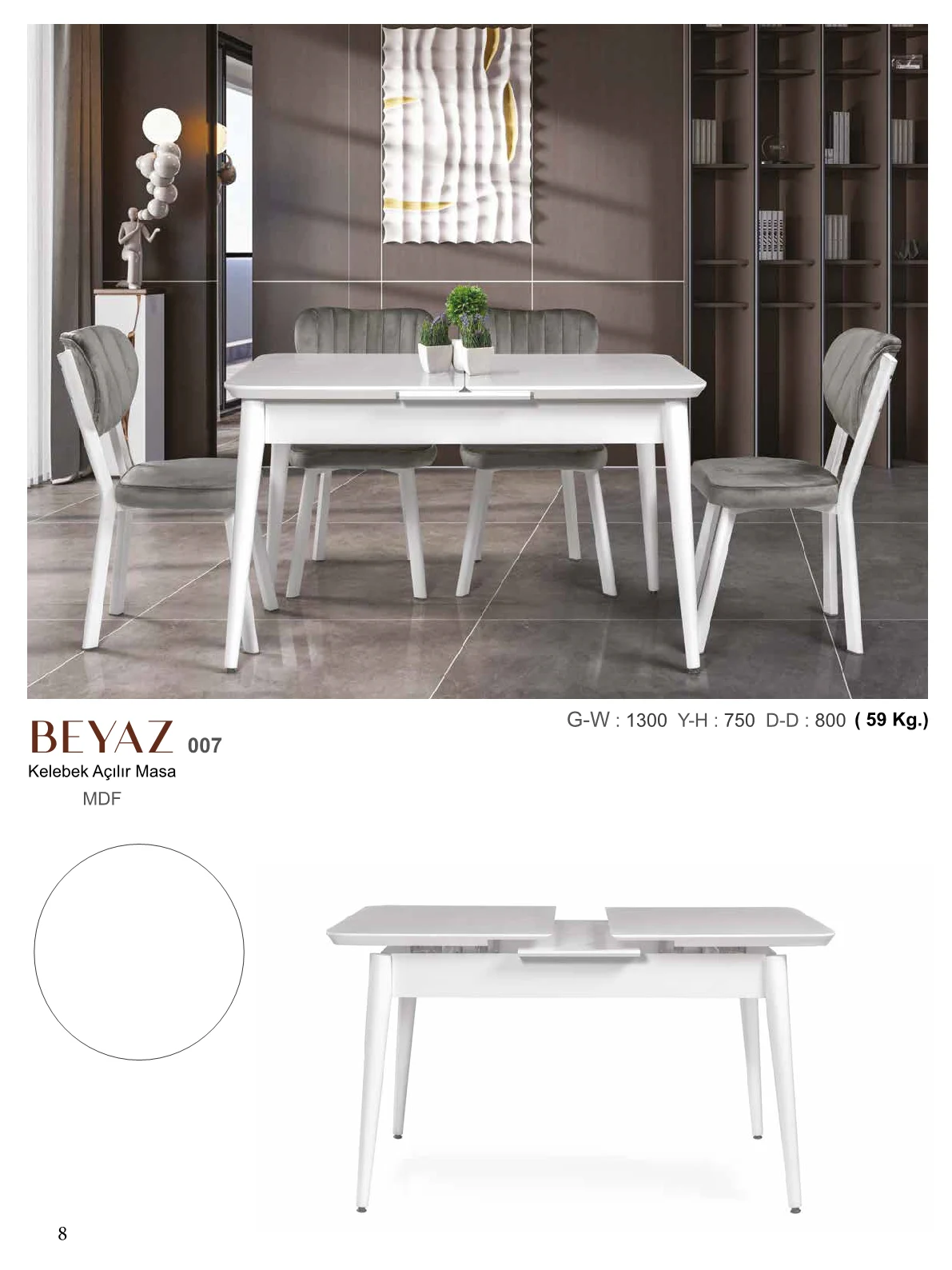 Kelebek Açılır Masa Beyaz Mdflam 130CMx75CMx80CM