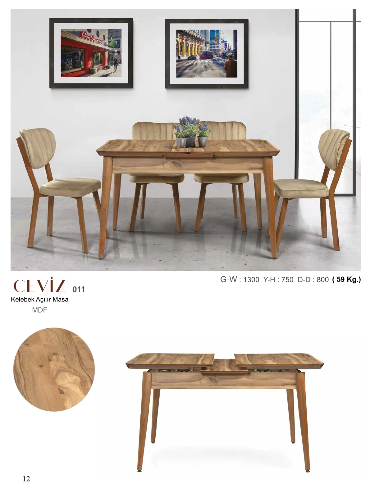 Kelebek Açılır Masa Ceviz Mdflam 130CMx75CMx80CM