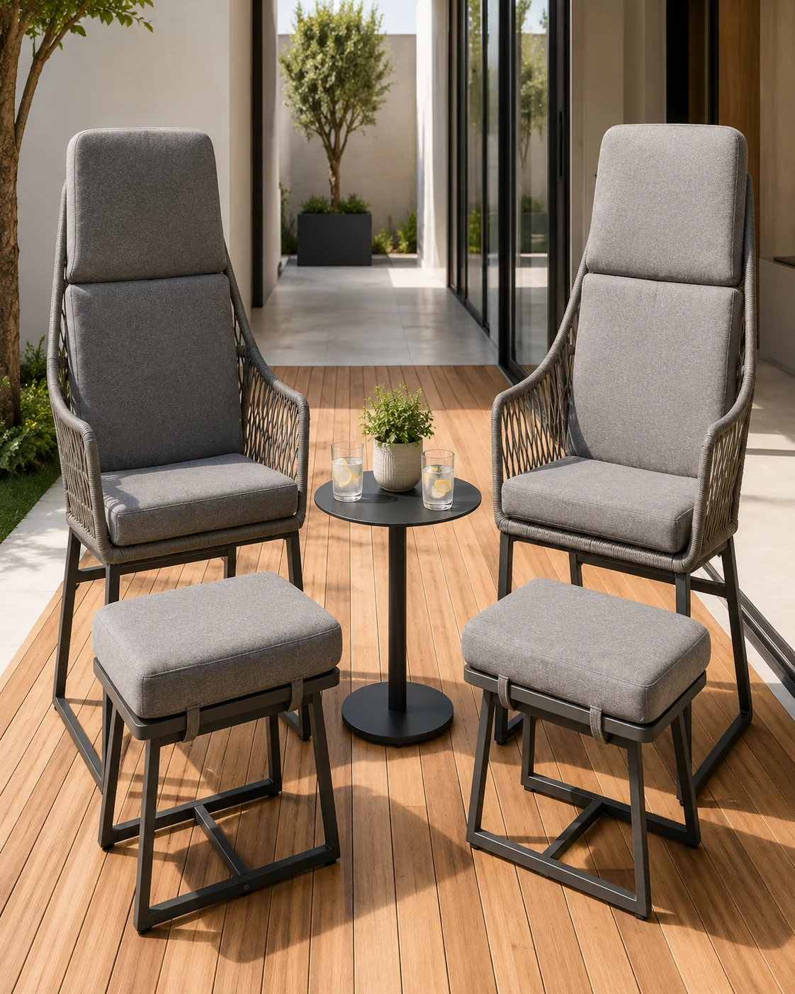 Max Noosa Conversation Set, 2 Chairs, 2 Ottomans and 1 Table, PE Rattan