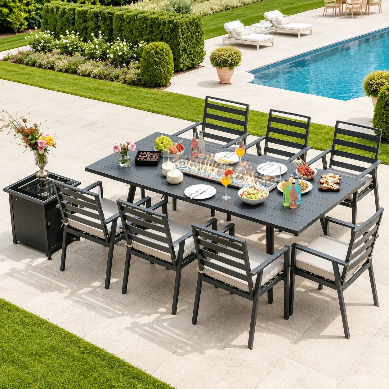 Max TN TF-3600 Garden Dining Set with 6 Chairs, Fire Pit Table and Side Table
