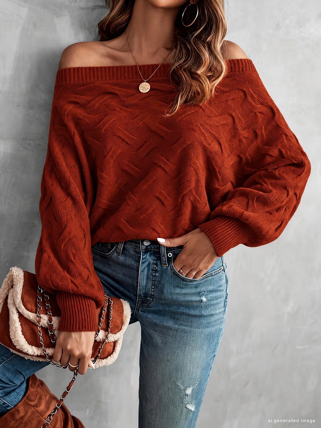 FashionWe 195453 Women's Patterned Off-Shoulder Knit Blouse