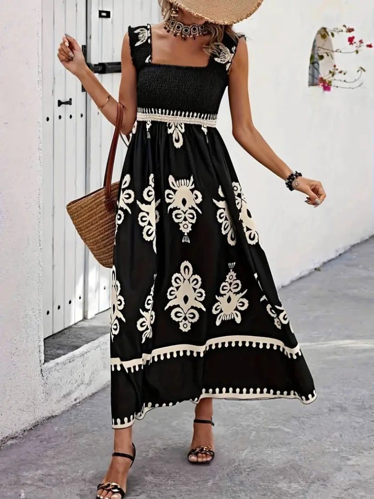 FashionWe 184931 Women's Spaghetti-Strap Square-Neck Printed Dress